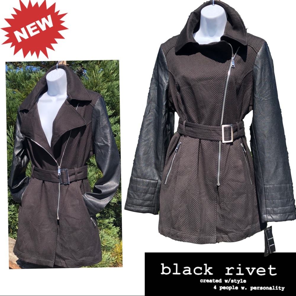 🆕 Black Rivet Belted Trench Coat black size xl Vintage